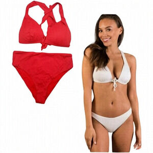 Quintsoul NWOT Ribbed Red Busty Halter Bikini Highrise  Bottoms Size Small